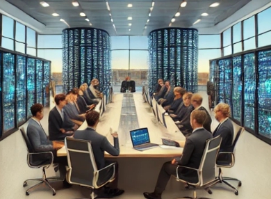 진지한 분위기에서 다수의 사람들의 논의를 하고있는 모습