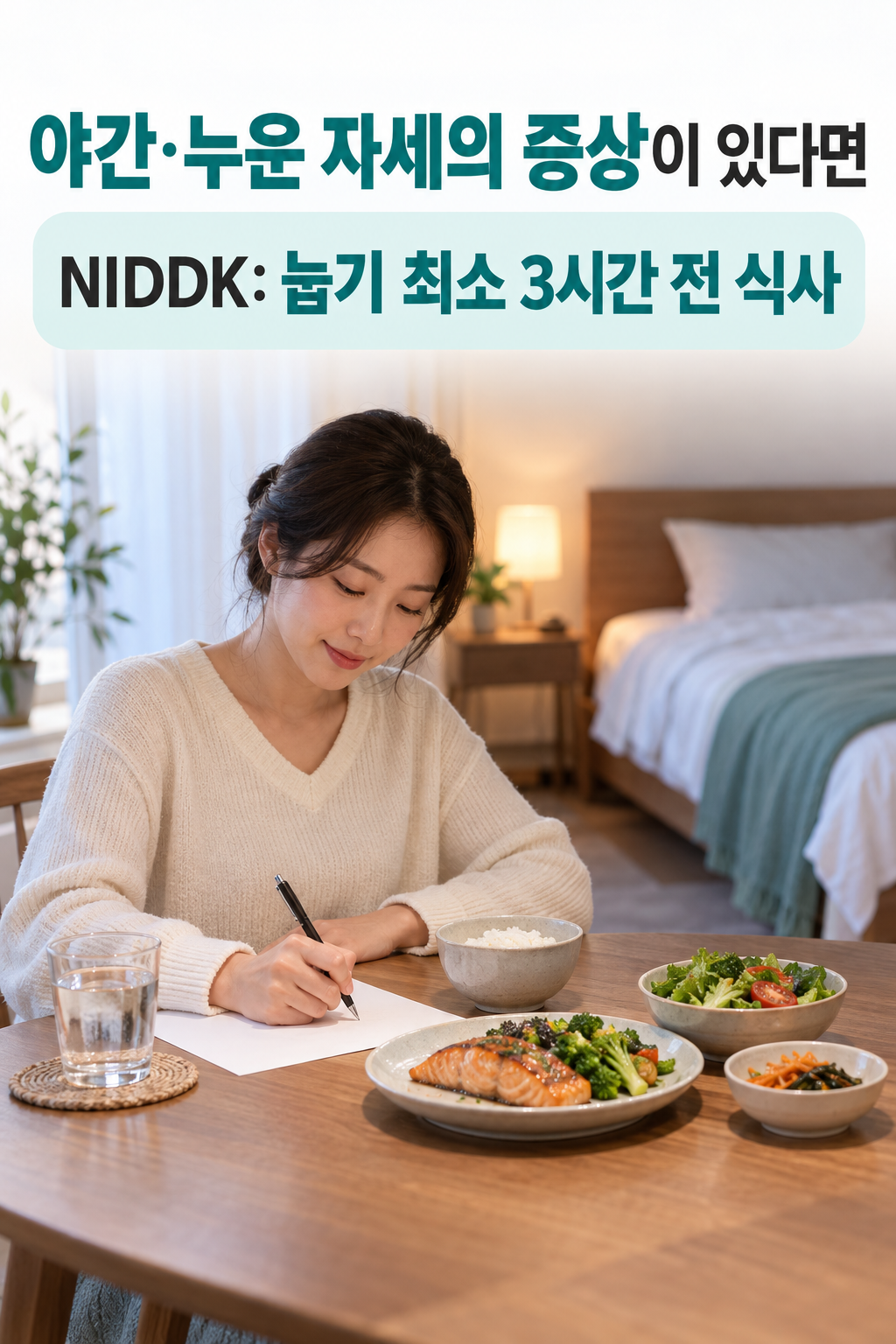 저녁 식탁과 침대 사이에 식사&middot;눕는 시각을 적는 장면