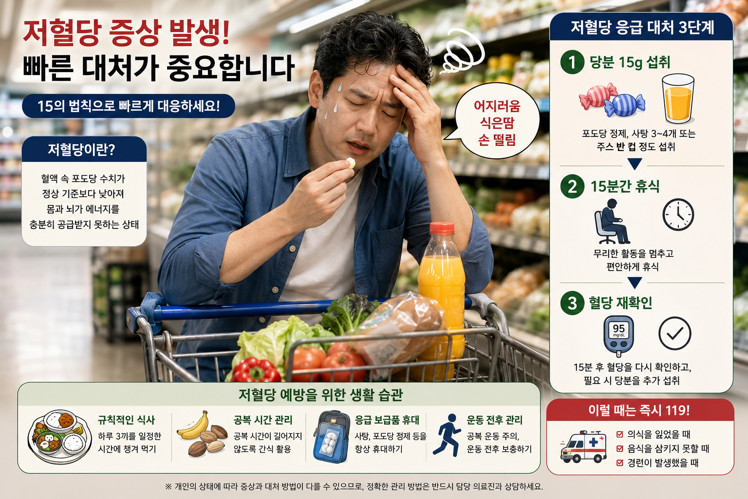 저혈당 증상으로 어지러움을 느끼는 중년 남성이 포도당 캔디와 주스를 이용해 혈당을 보충하는 모습