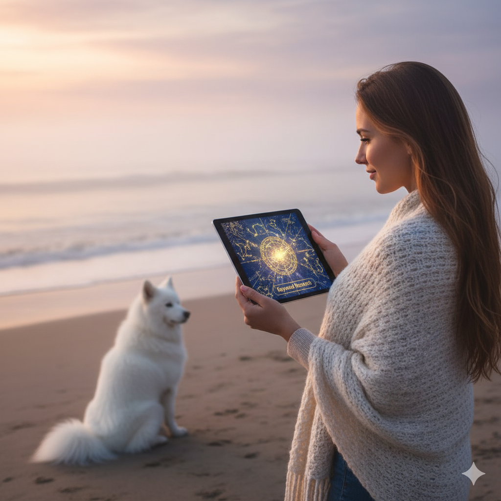 안개 낀 새벽 해변에서 여성이 태블릿으로 빛나는 별자리 지도(키워드 조사)를 보는 모습
