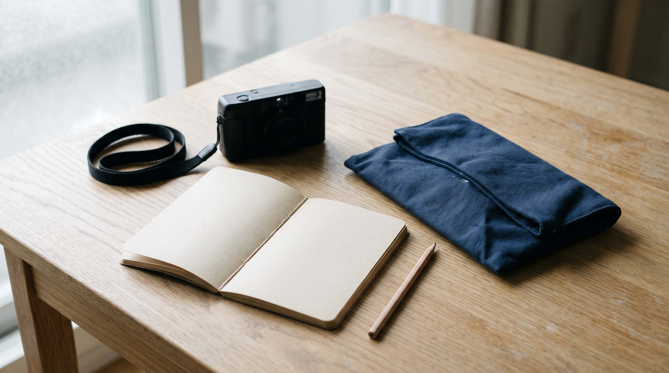 A black camera and strap, open blank notebook, pencil and folded navy fabric on a sunlit wooden table.