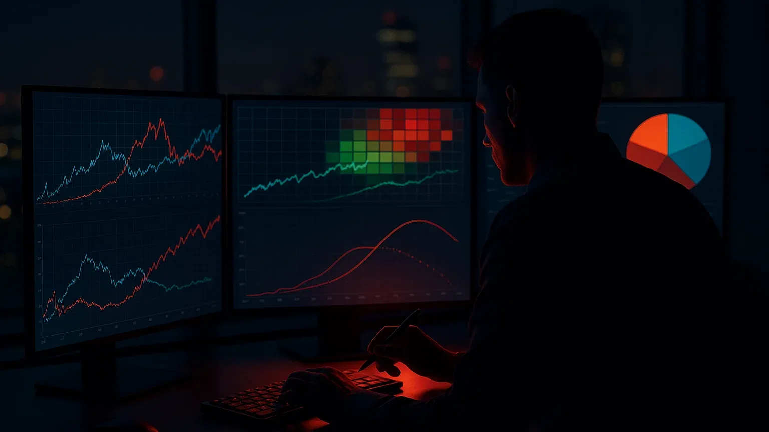 다양한 투자 전략을 컴퓨터 화면에서 비교 분석하는 투자자의 모습을 보여주는 이미지