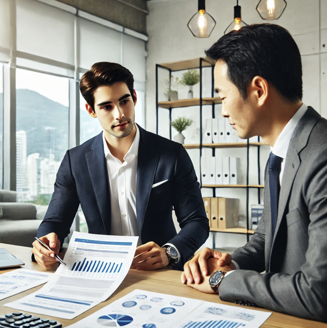 보험모집인이 고객과 함께 세금 서류를 검토하며 연말정산을 준비하는 모습