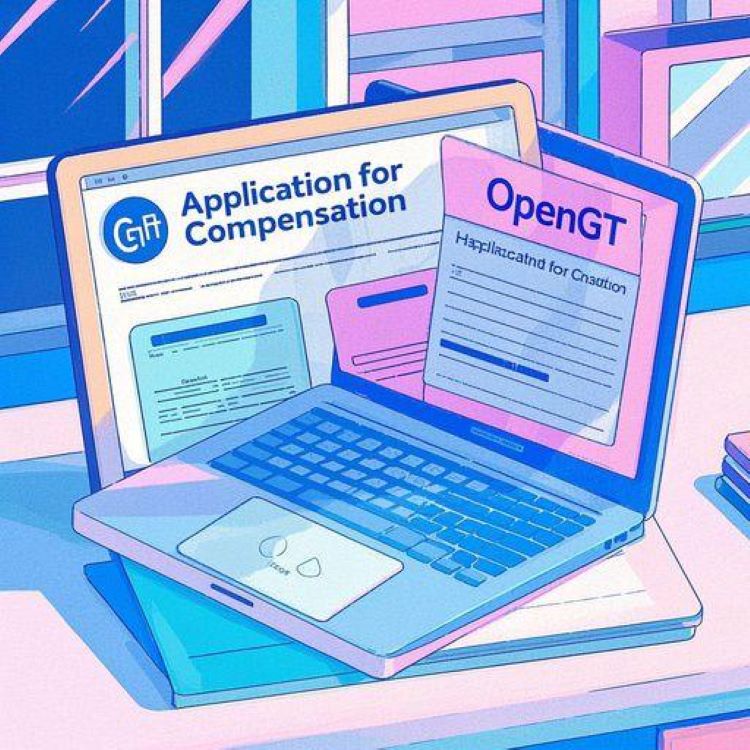 노트북 화면에 ChatGPT 오류 메시지와 보상 신청 양식이 표시된 장면. 배경에 OpenAI 로고와 &lsquo;보상 신청&rsquo; 텍스트 흐릿하게 표시. 밝은 파스텔 톤으로 희망과 해결 강조