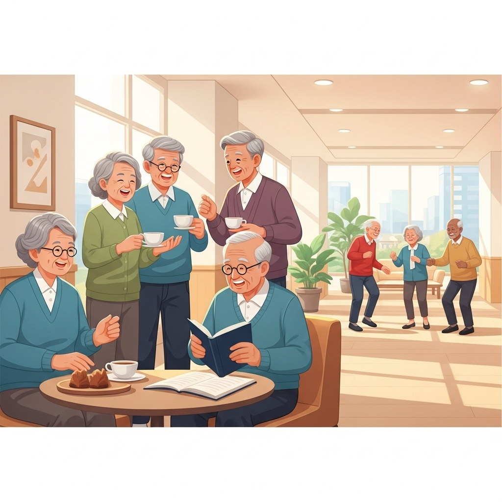 2025년 65세 이상 어르신을 위한 확대된 복지 혜택을 상징하는, 다양한 활동을 하는 노인들의 모습