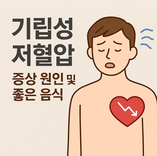 기립성 저혈압의 증상, 원인, 좋은 음식을 설명하는 대표 이미지로, 어지럼증을 겪는 인물 일러스트와 심장 아이콘을 활용한 건강 정보 이미지