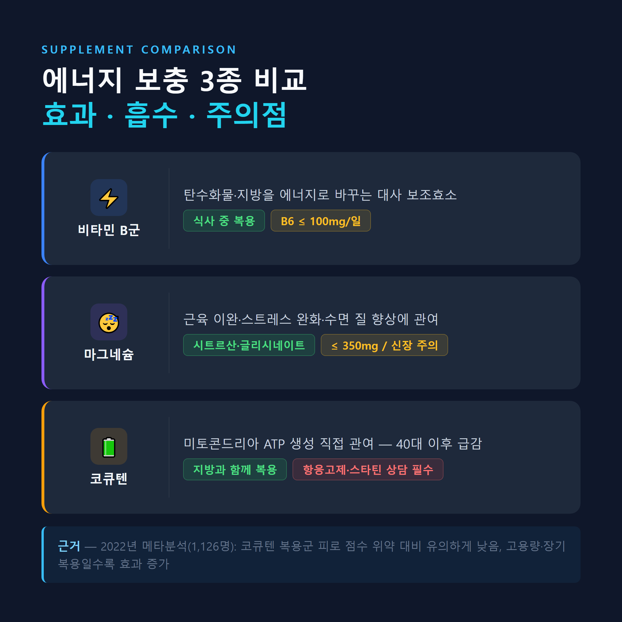 직장인 만성피로 영양제 에너지 보충 3종 비교 &mdash; 비타민B군&middot;마그네슘&middot;코큐텐 효과와 복용 주의점
