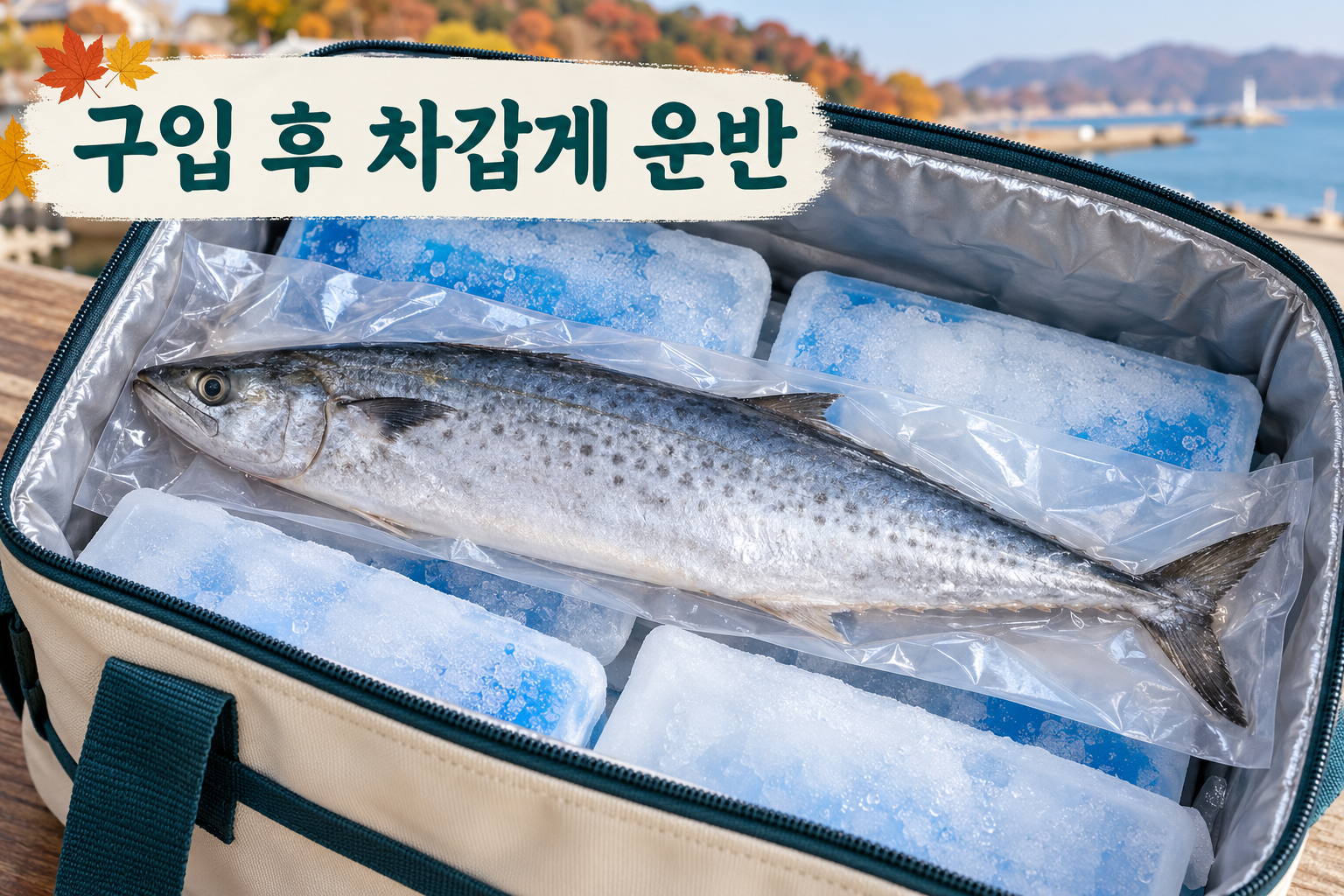 밀봉한 생삼치를 냉매와 함께 보냉가방에 넣은 모습.
