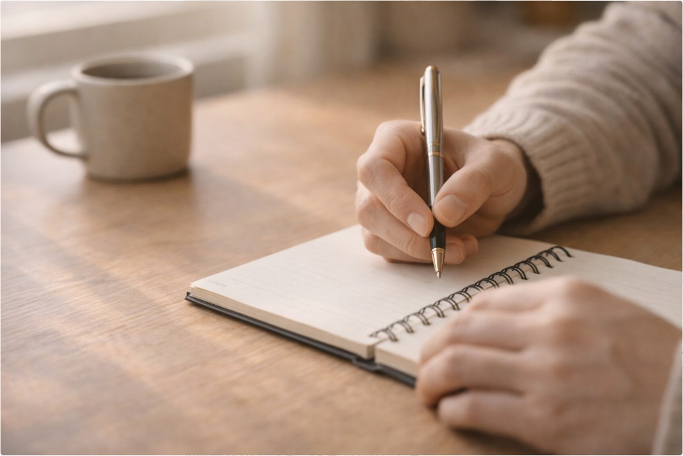 생각을 정리하며 노트에 글을 쓰고 있는 장면