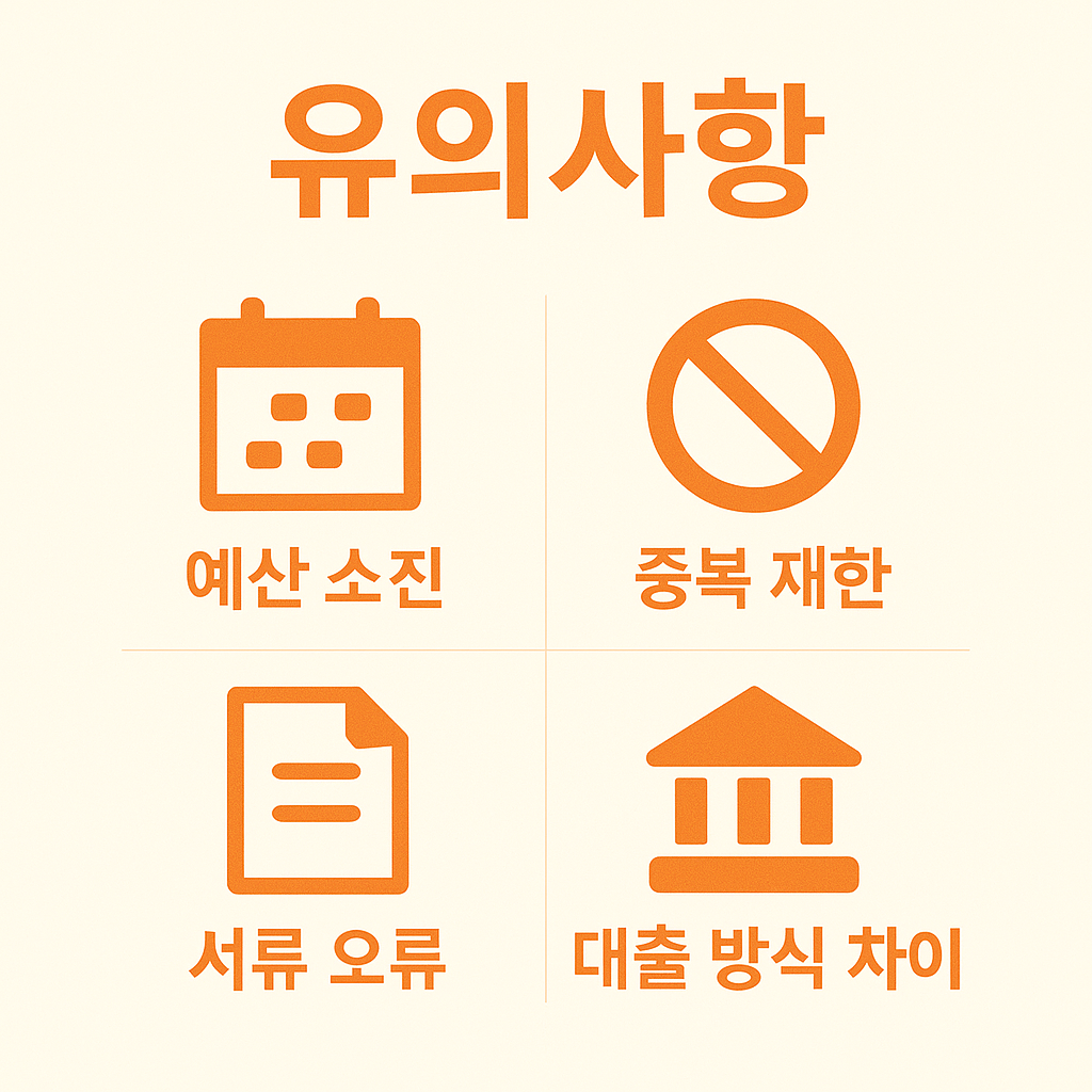 소상공인 정책자금 대출 시 유의해야 할 점을 설명하는 인포그래픽으로 예산 소진, 중복 제한, 서류 오류, 대출 방식 차이 등을 주의해야 한다는 안내 이미지입니다.