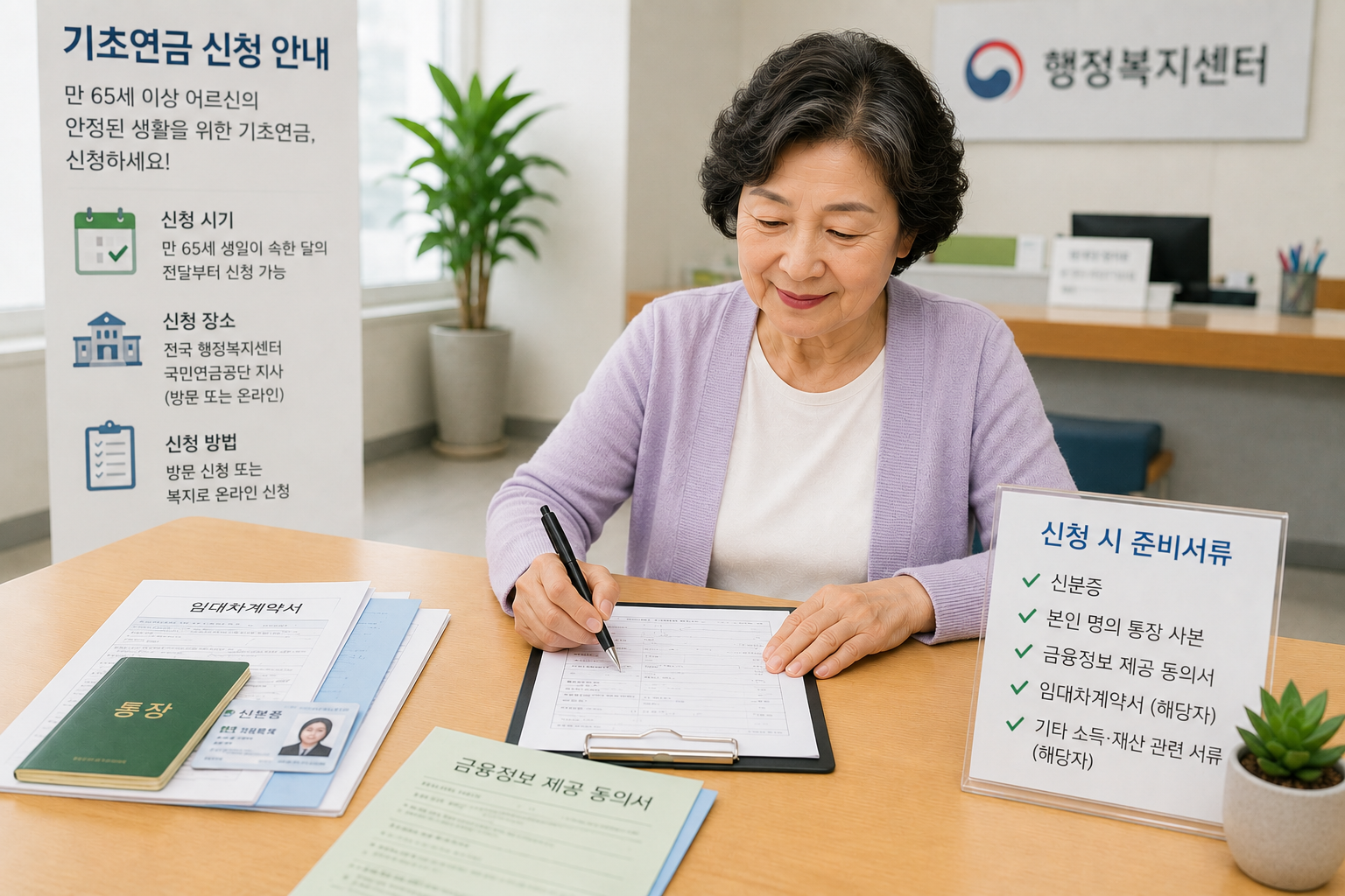 기초연금 신청 방법과 준비서류를 확인하는 65세 여성