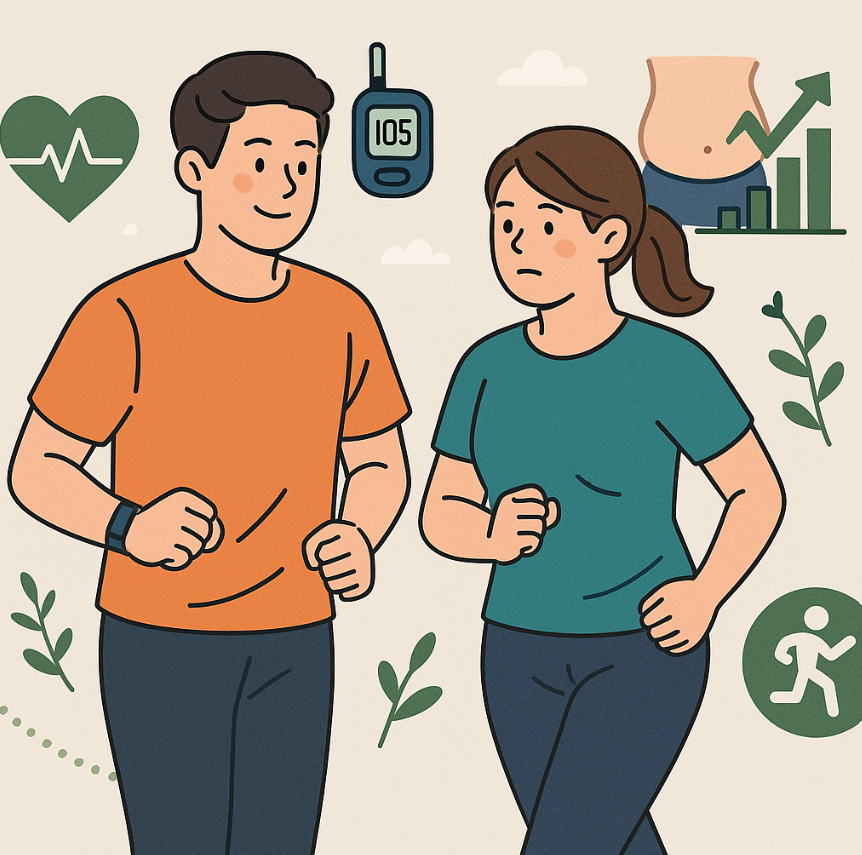 운동복 차림의 30~40대 남성과 여성이 건강한 표정으로 공원에서 걷기 운동을 하는 모습