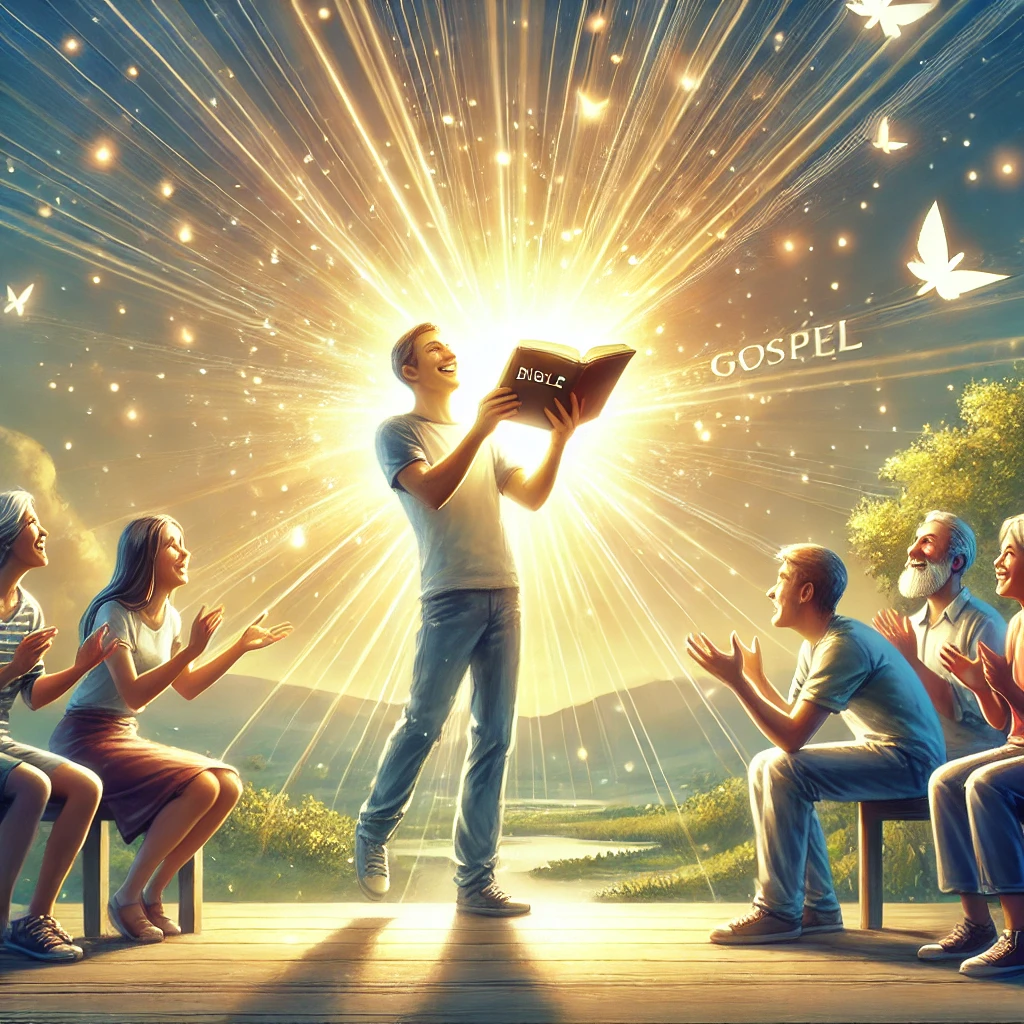 Here is the image representing a person joyfully sharing the gospel with others, holding an open Bible and surrounded by the light of God's word. The scene reflects the gratitude and joy of spreading the good news, as those around them listen with interest and hope. The atmosphere captures the beauty and fulfillment that comes from knowing and sharing the gospel.