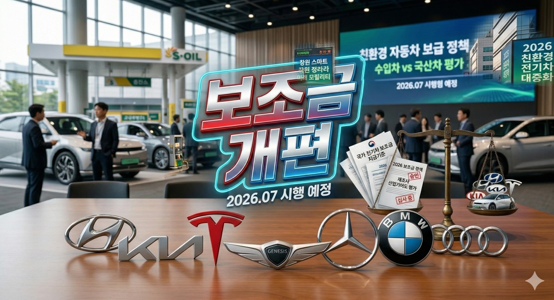 다양한 수입차와 국산차 로고 위로 '보조금 개편'이라는 텍스트가 오버레이된 디자인