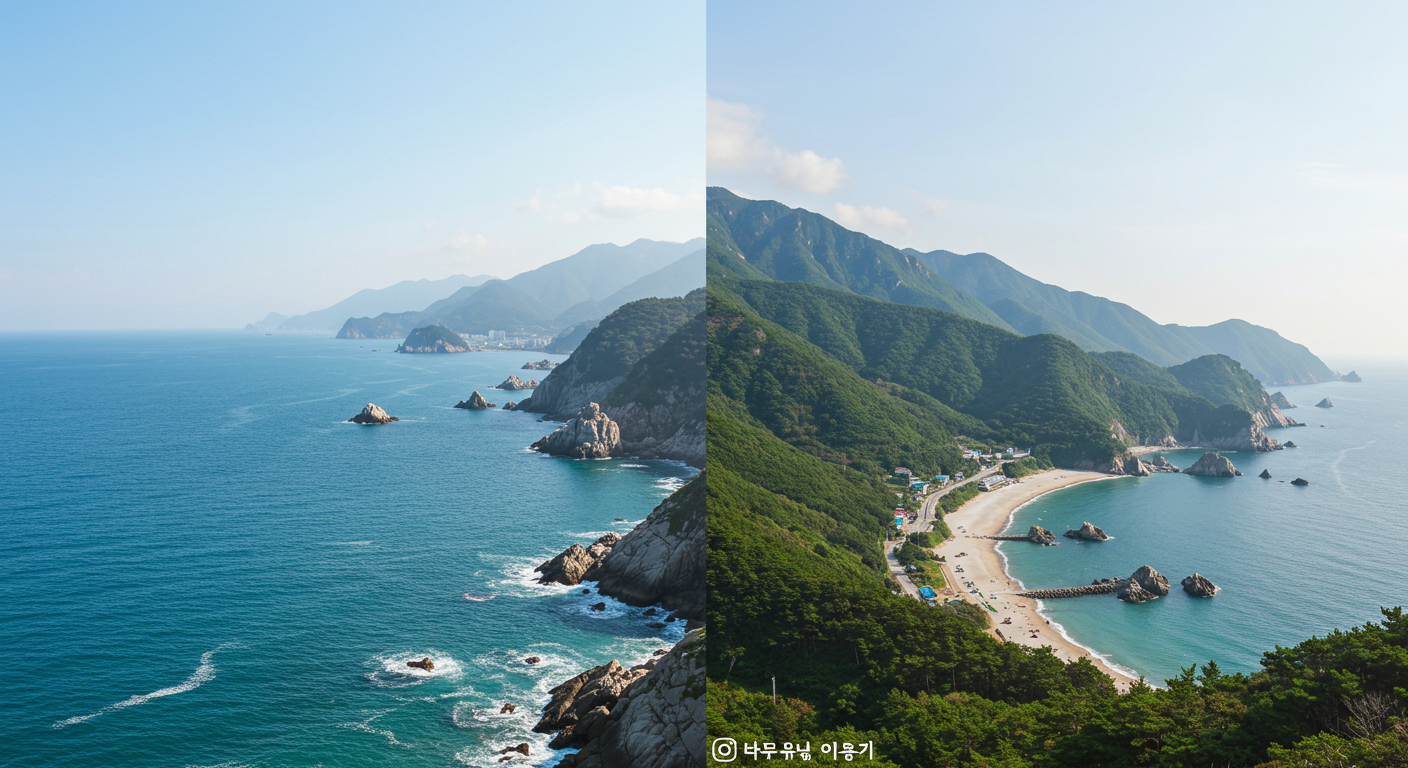 강원도의 바다와 산이 조화롭게 어우러진 풍경.