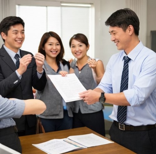 근로자들이 상사에게 지원 혜택이 적힌 증서를 받으며 기뻐하고 있는 그림