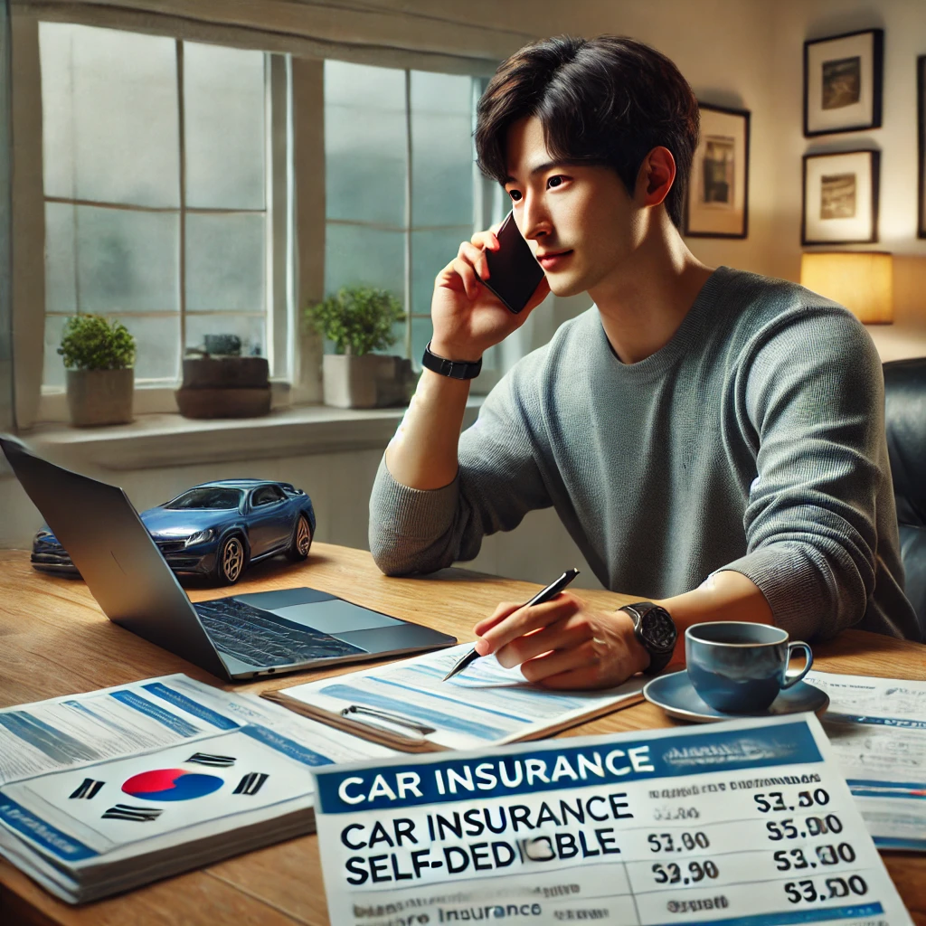 아늑한 홈 오피스에서 책상에 앉아 자기부담금 옵션을 논의 중인 한국 운전자. 책상 위에 보험 차트와 노트북이 놓여 있으며, 운전자가 전화 통화에 집중하고 있음