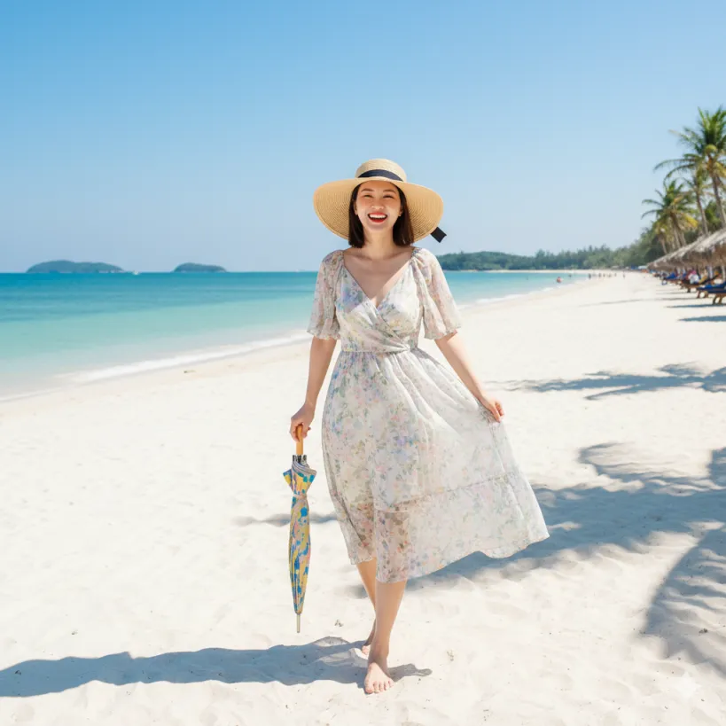 10월 푸꾸옥 날씨, 햇볕과 소나기에 대비한 여름 옷차림의 한국인 여행자