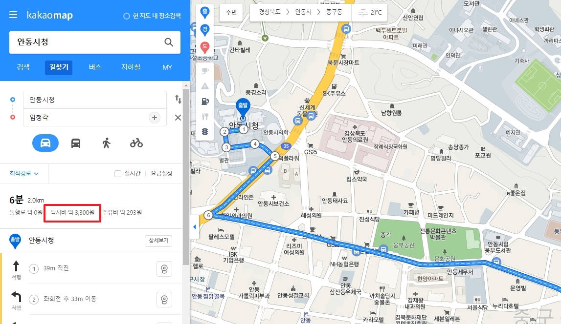 최종적으로 확인된 거리 정보와 예상 택시 비용 상세 내역
