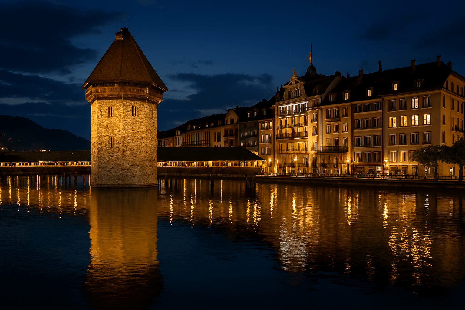 고즈넉한 루체른 호수 위로 그림처럼 놓인 유서 깊은 카펠교가 황혼녘 조명 아래 빛나는 모습. 주변 건물들과 어우러져 로맨틱한 분위기를 자아낸다.