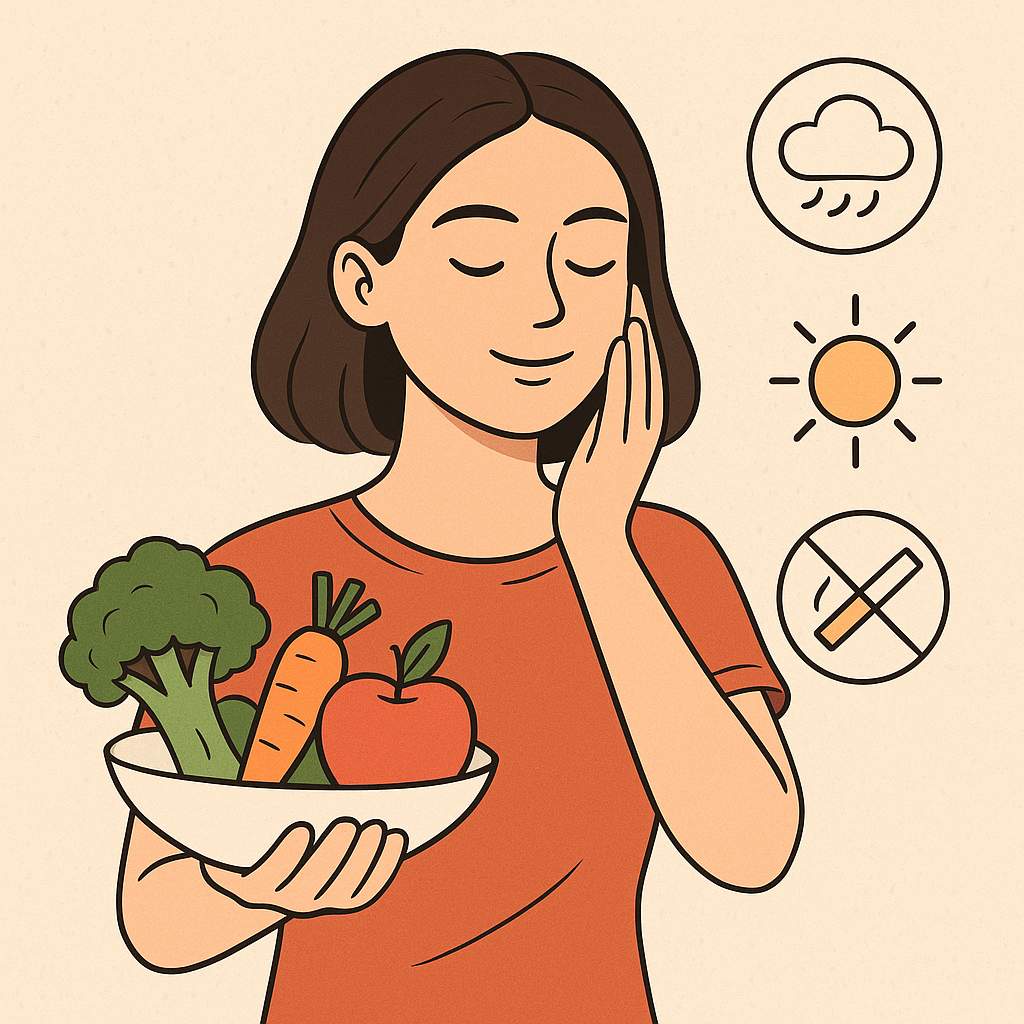 피부 건강을 위해 스트레스를 관리하고 균형 잡힌 식사를 실천하는 모습