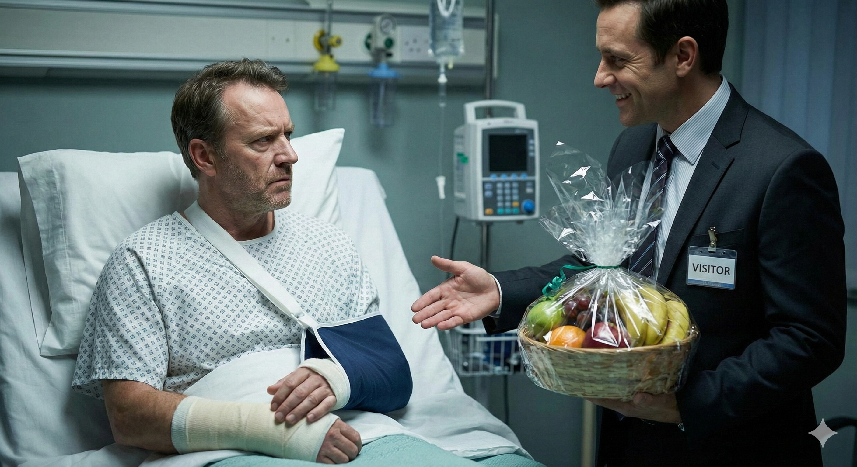 병상에 누워, 악수를 청하는 보험사 직원을 의심스러운 눈초리로 바라보는 환자