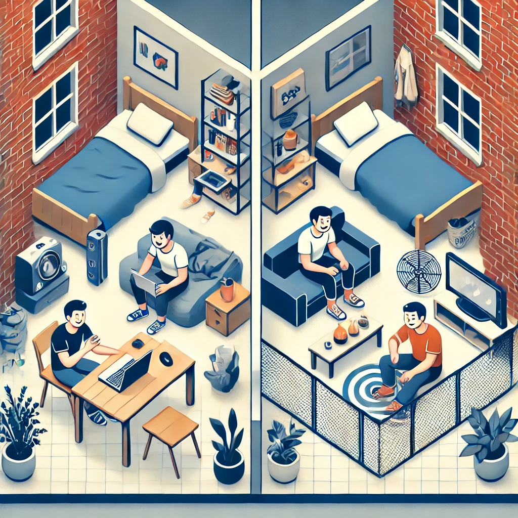 공유 기숙사에서 룸메이트와 함께 사는 모습과 원룸에서 혼자 사는 모습을 비교한 이미지.