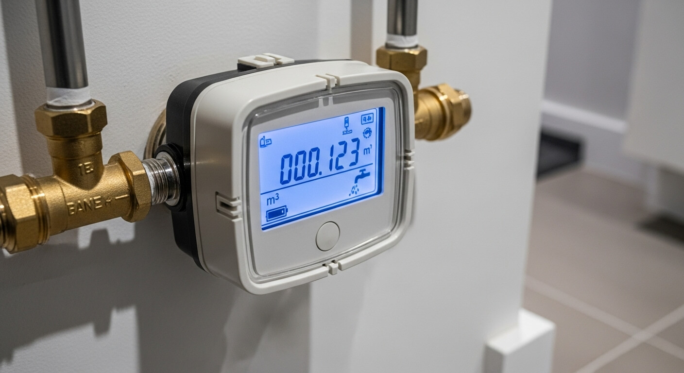 벽에 부착된 디지털 수도 계량기의 사용량 표시와 배관 연결 모습
