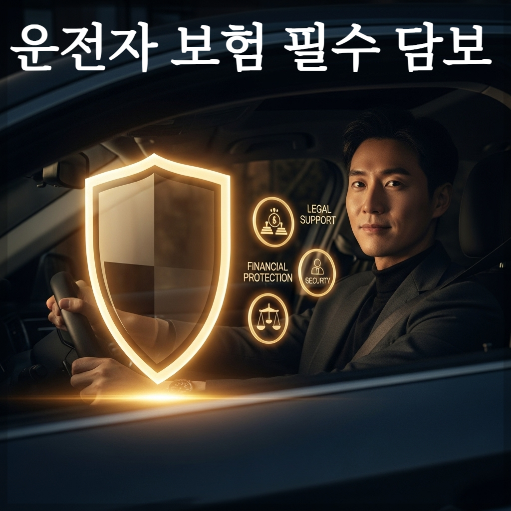고급스러운 금색 테두리의 방패가 자동차 운전석을 감싸고 있는 모습. 방패 위에는 '합의금', '변호사', '벌금'이라는 상징적인 아이콘이 황금빛으로 빛나고 있으며 운전자는 평온한 미소를 지으며 핸들을 잡고 있는 이미지