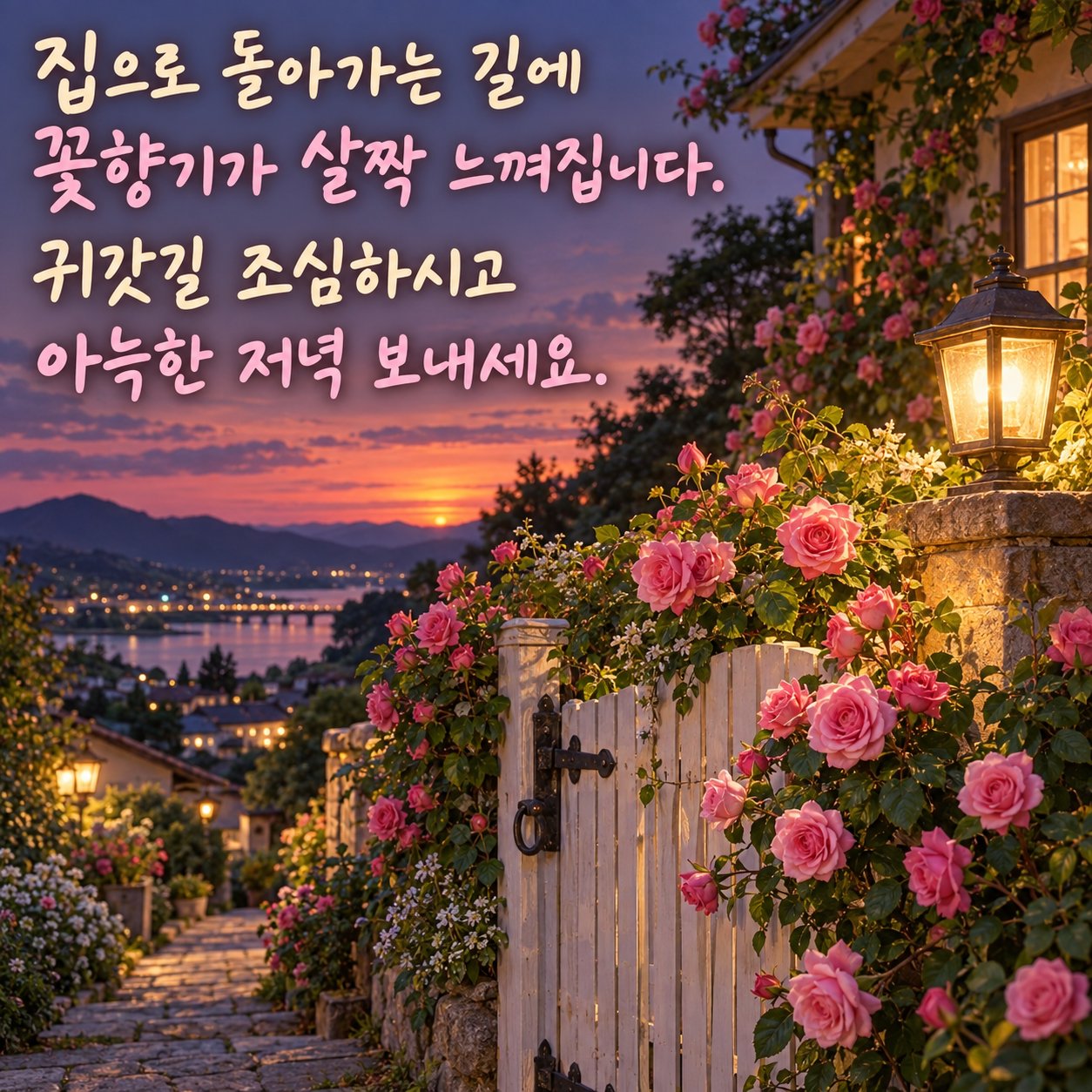 저녁에 보내는 카톡 인사말 이미지 26 — 집으로 돌아가는 길에 꽃향기가 살짝 느껴집니다. 귀갓길 조심하시고 아늑한 저녁 보내세요.