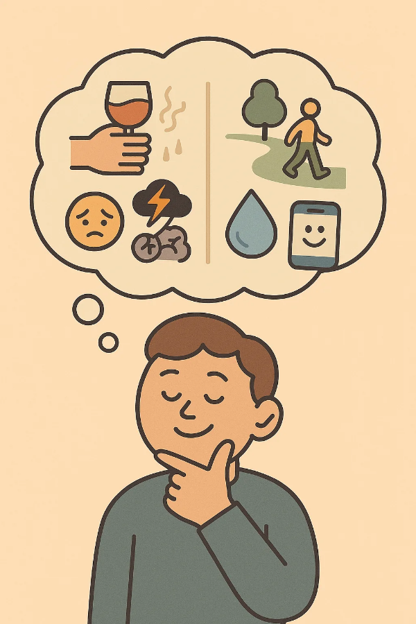 캐릭터 머리 위 말풍선 안에 트리거 상황과 대처 행동이 나뉘어 나타나며 계획적 사고를 시각화한 일러스트