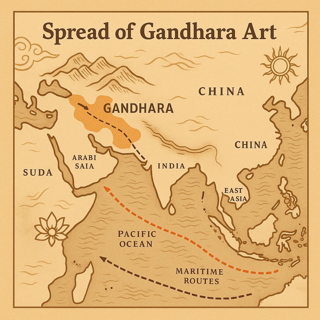 실크로드와 해상로에 표시된 간다라 미술 전파 노선