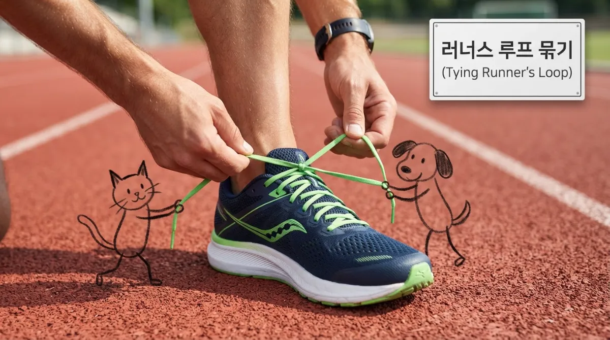 러닝화 끈을 교차하여 러너스 루프로 조여 묶는 과정