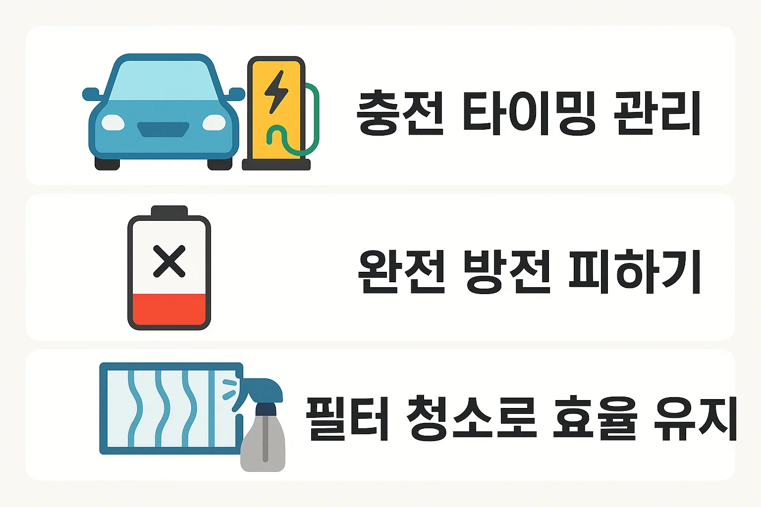 충전 타이밍 조절, 완전 방전 피하기, 필터 청소로 효율 유지 등 무선청소기 배터리 성능을 높이는 충전 관리 인포그래픽입니다.