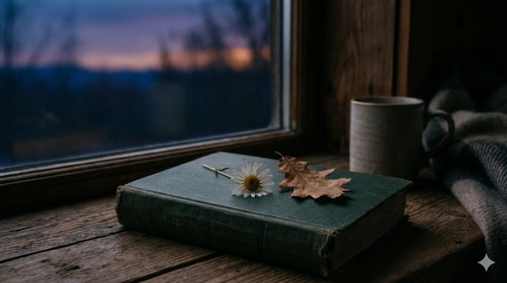 책을 다 읽고 난 후의 여운을 표현하듯, 닫힌 책 위에 작은 들꽃 한 송이나 마른 나뭇잎이 올려져 있는 서정적인 이미지