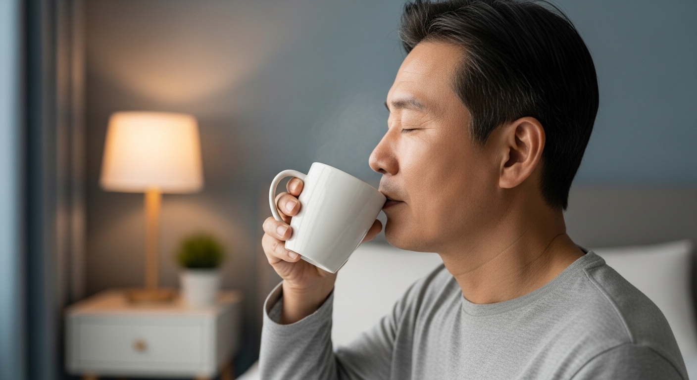 따뜻한 물 마시는 50대 한국 남성