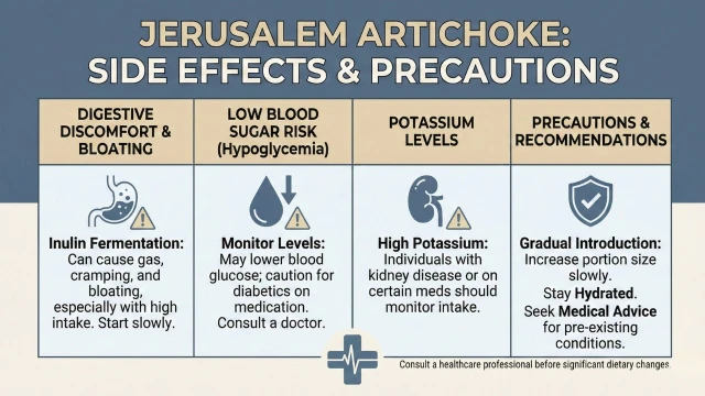돼지감자의 부작용 (복부 팽만감, 가스, 설사 등)과 주의사항을 정보 차트로 표시