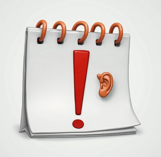 인체의 귀 단면도. 외이, 중이, 내이가 명확히 구분되어 있으며, 각 부위에 해당하는 난청 유형이 화살표로 표
시된 교육적인 이미지달력 위에 큰 느낌표가 그려져 있고, 그 옆에 귀 모양의 아이콘이 있는 이미지. 돌발성 난청의 긴급성을 시각적으로 표현