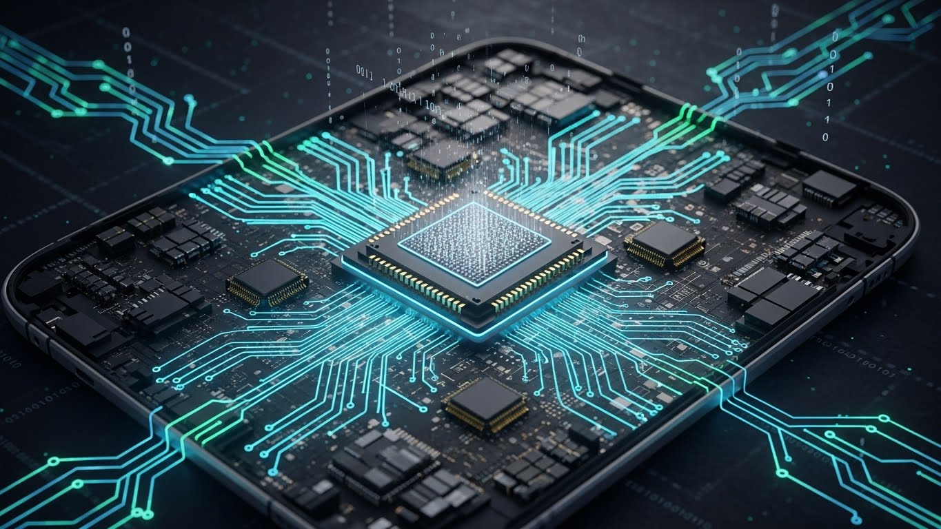 스마트폰 내부의 고성능 칩셋과 양자 보안 기술이 시각화된 모습