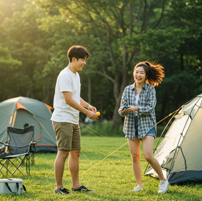 연인이 캠핑장에서 즐거워하는 이미지