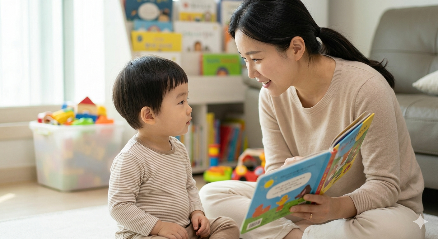 엄마와 아이가 거실에서 눈을 맞추며 다정하게 대화하고 그림책을 보여주는 따뜻한 분위기의 사진.
