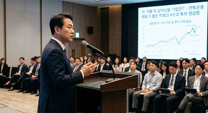 금융 세미나 발표 화면 앞에서 연설하는 대표.