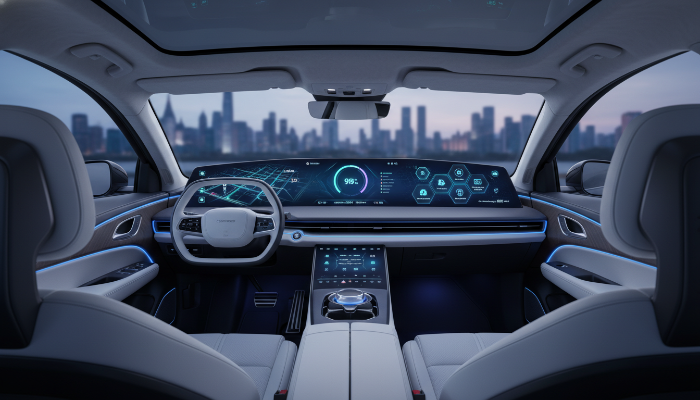 삼성전자의 전장 플랫폼 전략을 보여주는 스마트카 내부의 디지털 콕핏 인터페이스 이미지