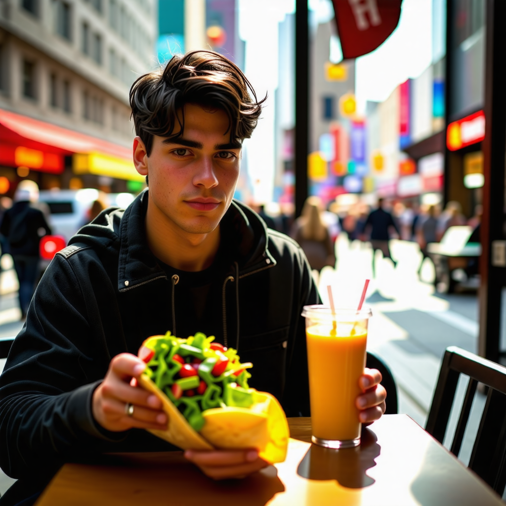 바쁜 일상속 간편한 샌드위치와 쉐이크를 먹고 있는 남자모습