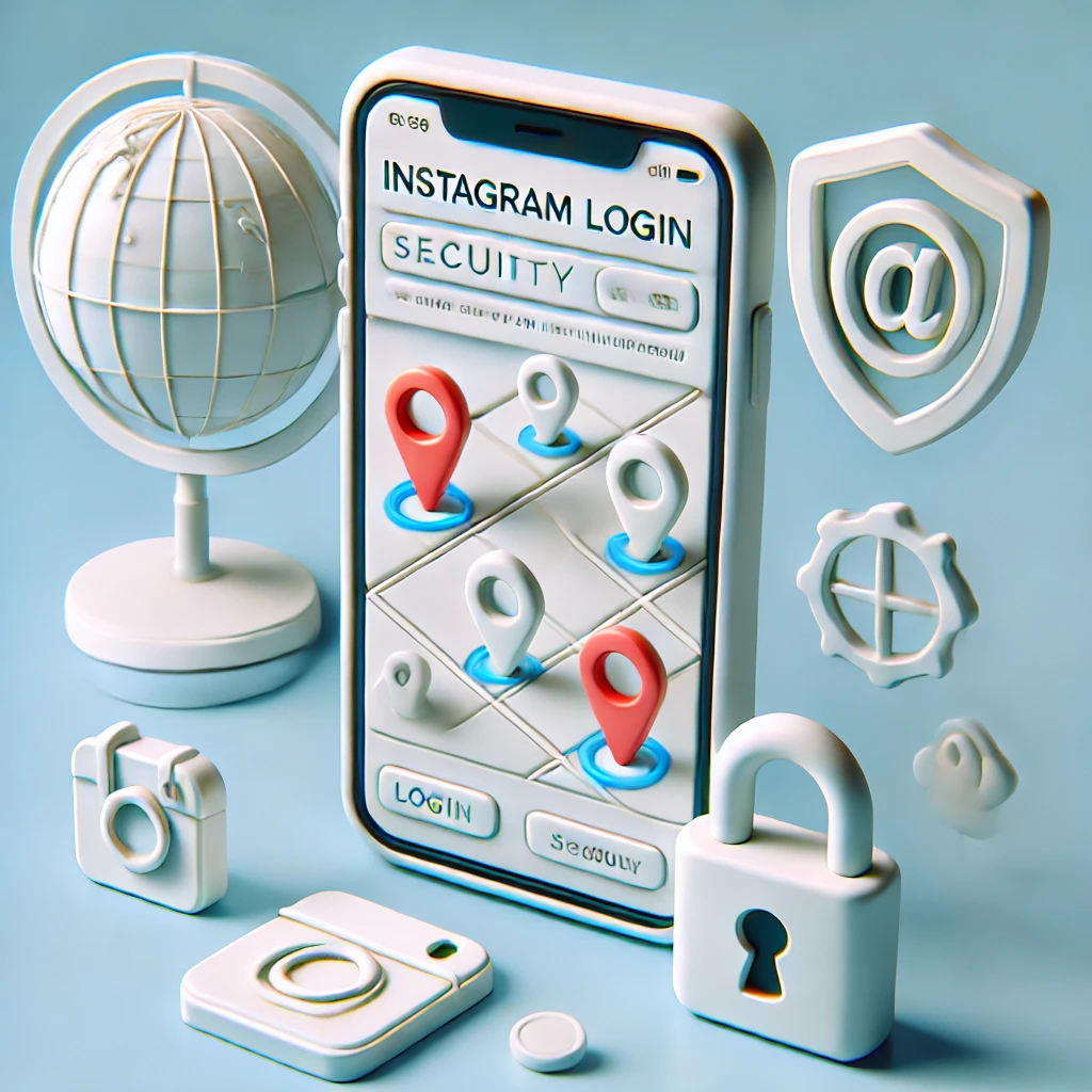 인스타그램 로그인 위치 확인과 보안을 상징하는 스마트폰과 지도 핀, 보안 아이콘 일러스트