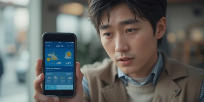 스마트폰으로 날씨 앱을 확인하며 걱정하는 남성