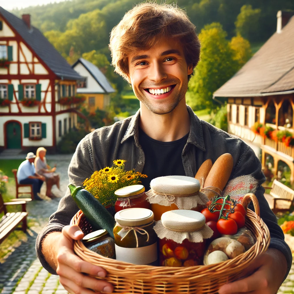 고향 풍경 속에서 지역 특산품을 들고 활짝 웃고 있는 모습, 훈훈함과 따뜻함을 풍기는 인물의 모습