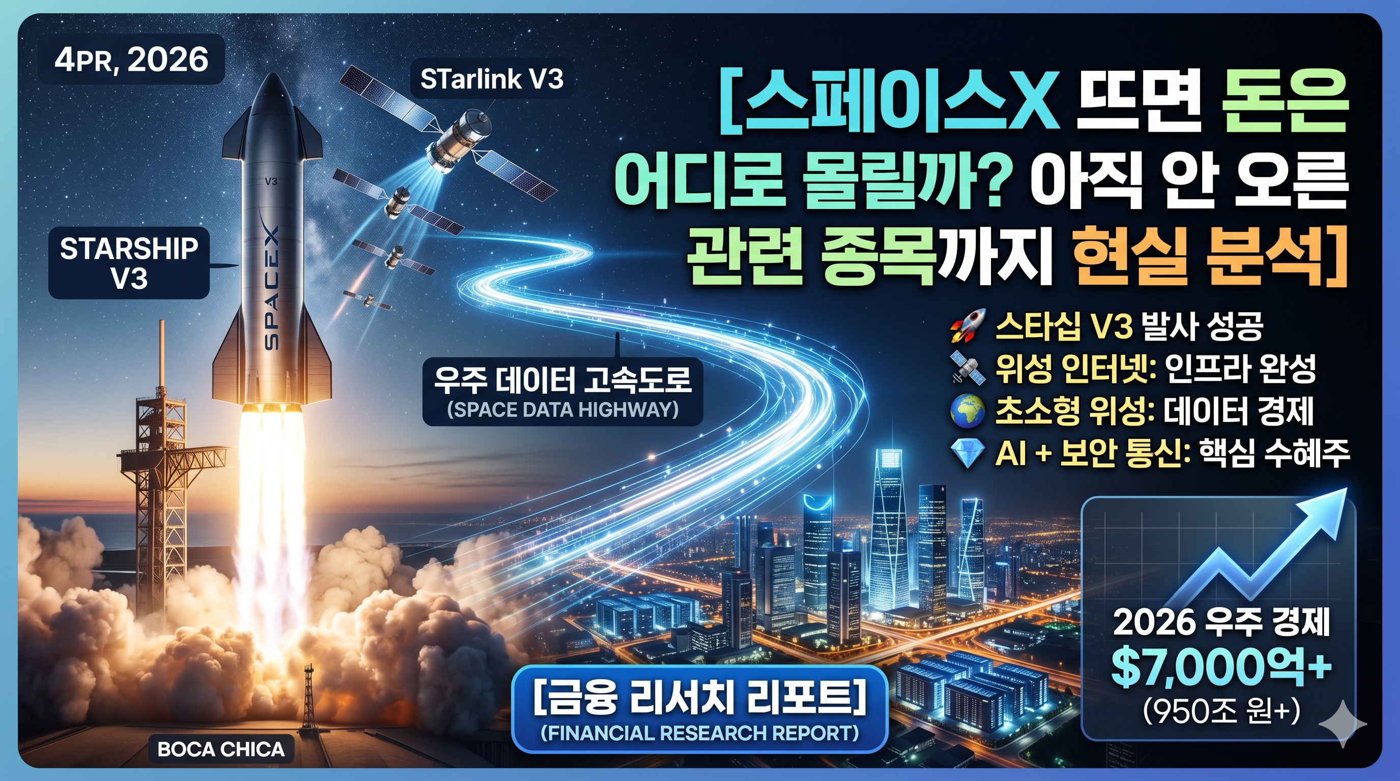 2026년 4월 현재 시장을 지배하는 스타십(Starship) V3의 발사 실사와 함께, 본문에서 강조한 '데이터 고속도로' 이미지를 시각화