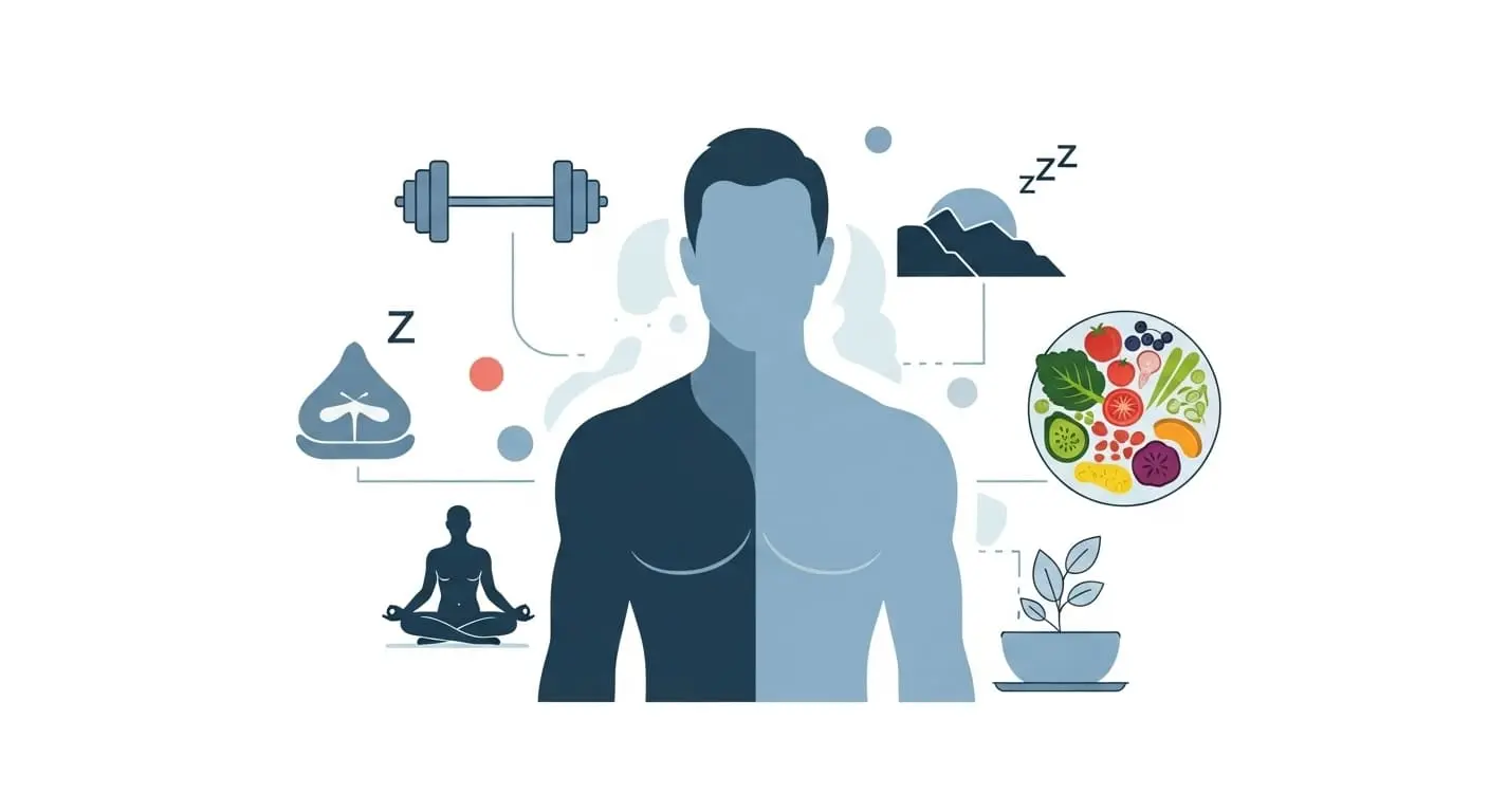 균형 잡힌 생활 습관을 보여주는 남성 실루엣 추상 인포그래픽. 운동, 수면, 스트레스 관리, 건강한 식단 등 테스토스테론 관리를 위한 요소들이 시각적으로 표현.