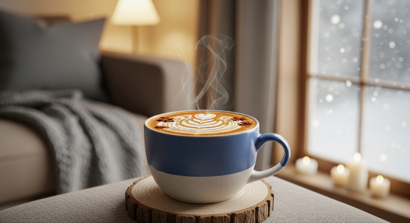 2025년 겨울, 김이 모락모락 나는 따뜻한 시나몬 라떼가 클래식 블루 색상의 머그잔에 담겨 있고 창밖에는 눈이 내리는 아늑한 홈카페 이미지